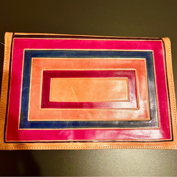 Vintage 1970s Hand Tooled Leathe Multicolour Bohemian Clutch Made in India - Picture 2 of 5